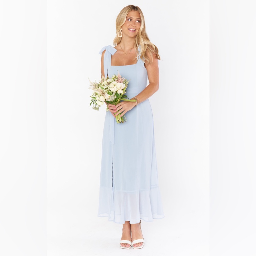 Show Me Your Mumu Claire Midi Bridesmaid Dress in Steel Blue Chiffon